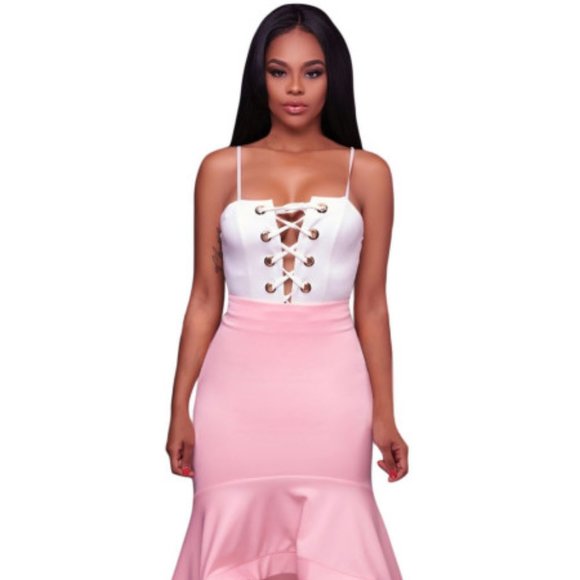 Women’s Scuba Mermaidcore Ruffle High-Low Hem Hidden Side Zipper Pink Midi Skirt - Picture 3 of 5